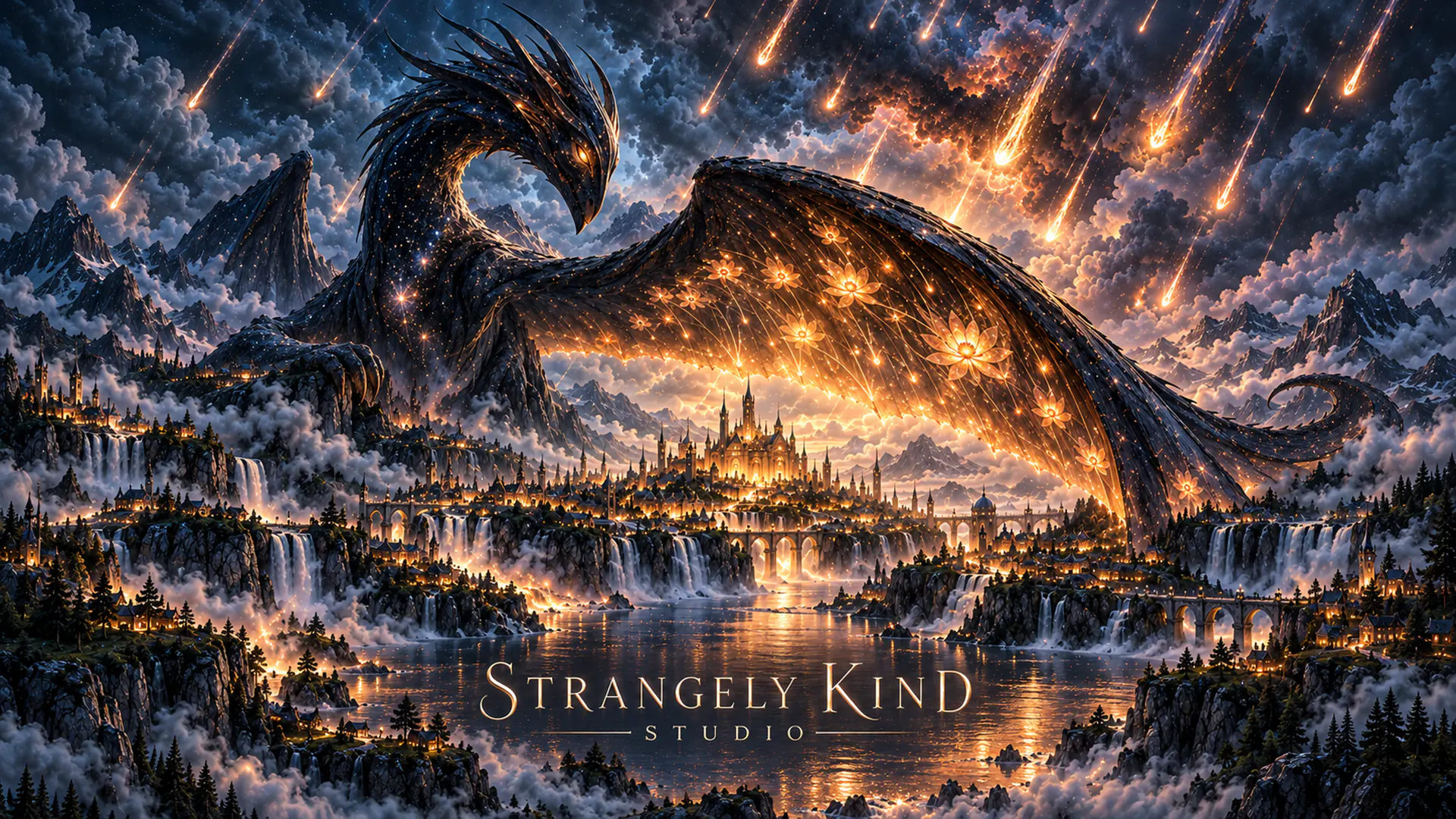 A dark dragon spreads a glowing wing over a lakeside city as meteors fall.