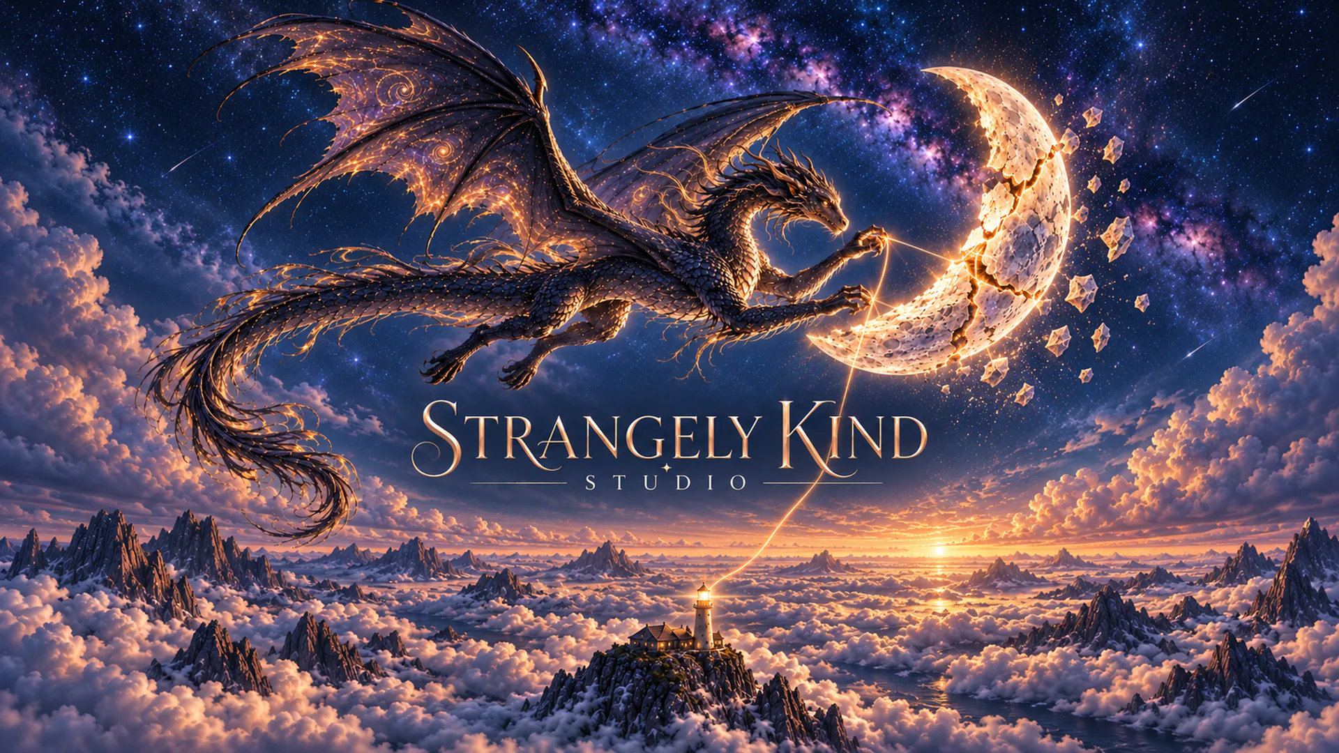 A dragon mends a cracked crescent moon with glowing thread above a sea of clouds, with the Strangely Kind Studio lettering.
